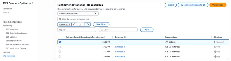 AWS Compute Optimizer unused NAT Gateways ✔ Compute Optimizer Console Navigate to Dashboard → Idle resources 