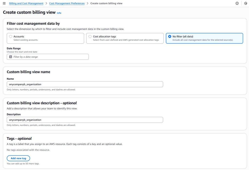 Step 1: Create a Custom Billing View in AnyCompany B • From the management account of AnyCompany B, go to Billing and Cost…