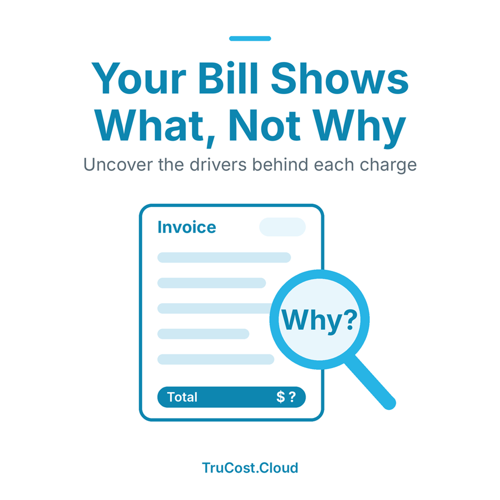 A cloud invoice with a magnifying glass asking why the total is what it is
