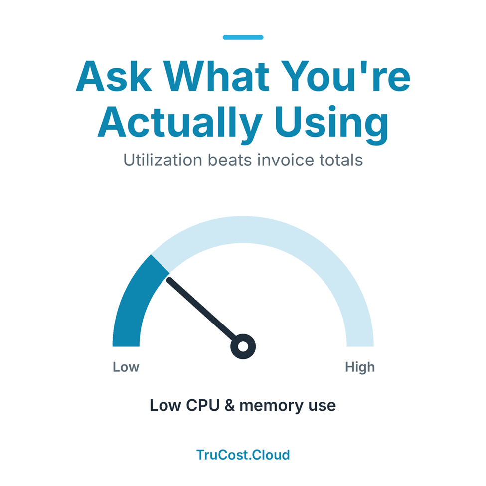 A gauge showing low CPU and memory use, illustrating that utilization matters more than invoice totals