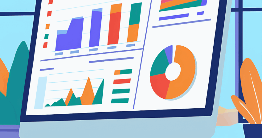 Illustration of a desktop monitor displaying colorful bar, line, and pie charts in a modern office setting