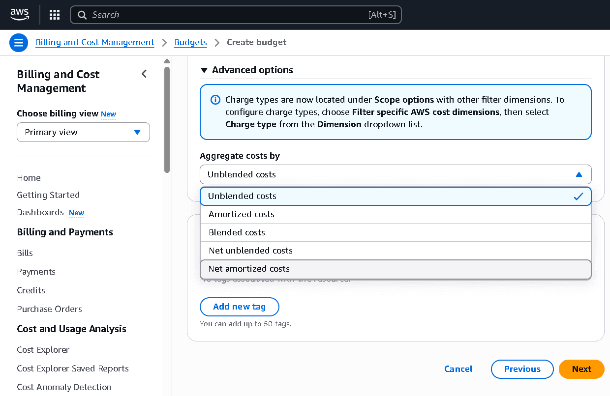 Example of Net Unblended Cost in AWS Budgets