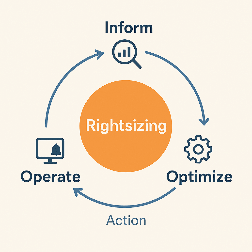 Rightsizing sits at the intersection of engineering efficiency and financial accountability—the essence of FinOps. At TruCost.Cloud, we integrate rightsizing into your FinOps lifecycle: 1. Inform: Visibility into utilization & cost drivers 2. Optimize: Execute rightsizing + automation 3. Operate: Continuously monitor savings & performance 