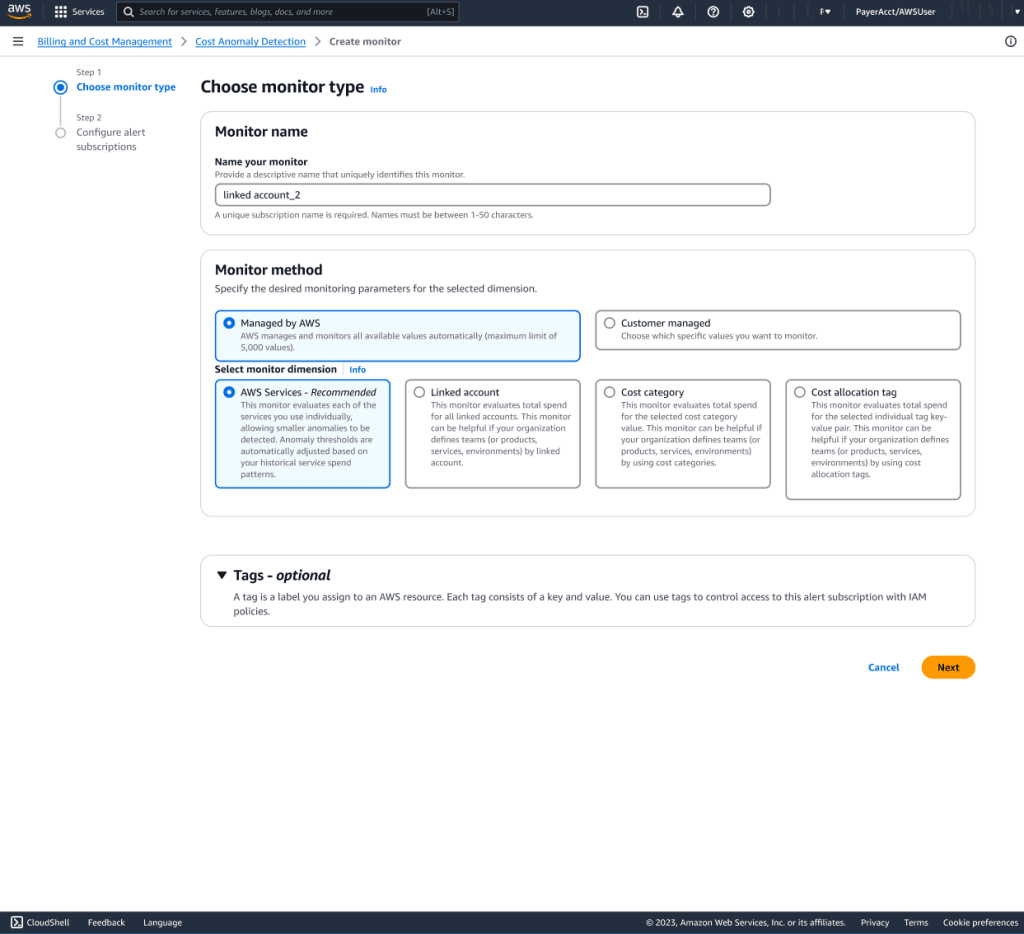 Go to: AWS Console → Cost Anomaly Detection → Create Monitor Select: Managed by AWS This tells AWS to automatically track ALL values for your chosen dimension. 