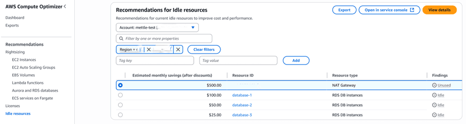 AWS Compute Optimizer unused NAT Gateways ✔ Compute Optimizer Console Navigate to Dashboard → Idle resources 